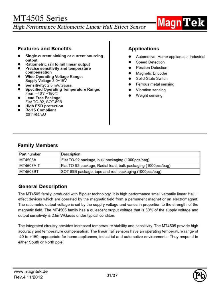 MT4505 Series Hall Effect Sensor Datasheet | PDF | Electrical ...