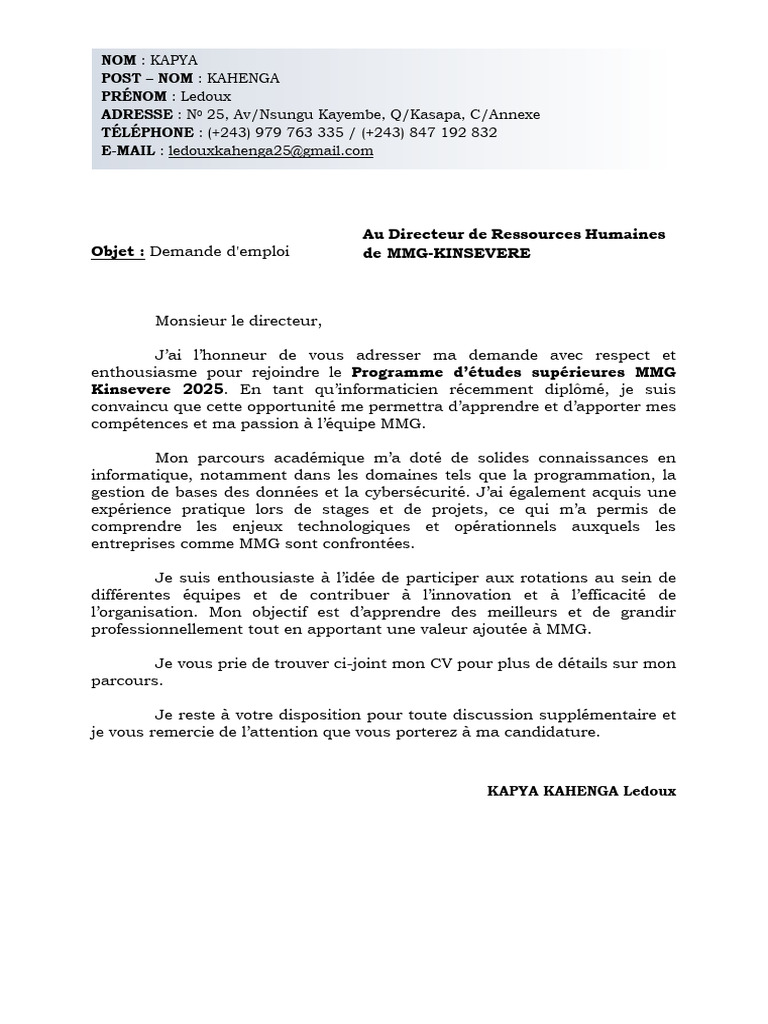 Demande d'emploi MMG Kinsevere 2025 | PDF