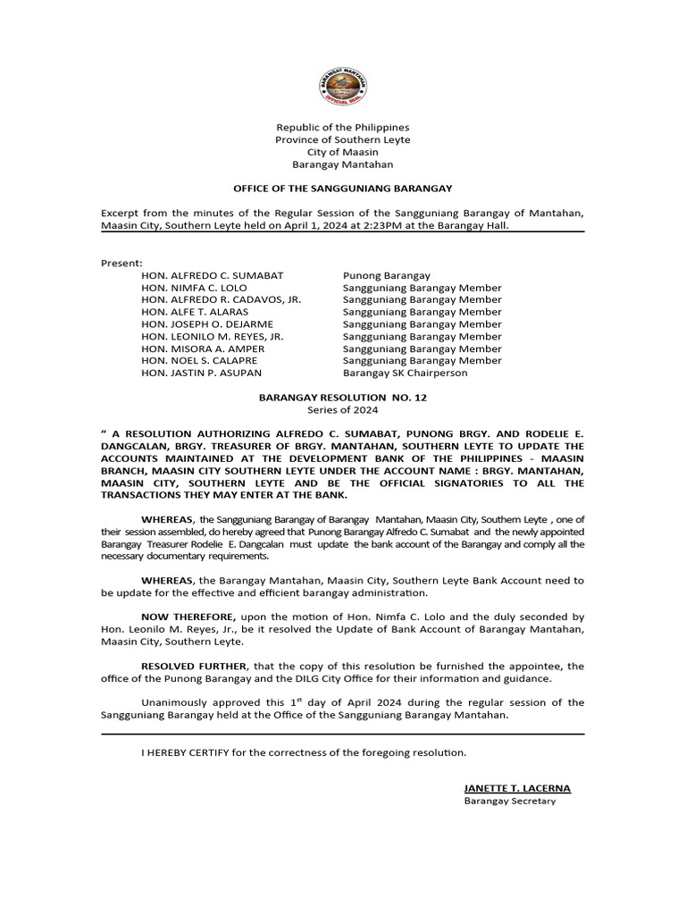 Barangay Resolution for Bank Signatory Update | PDF | Cooking, Food & Wine