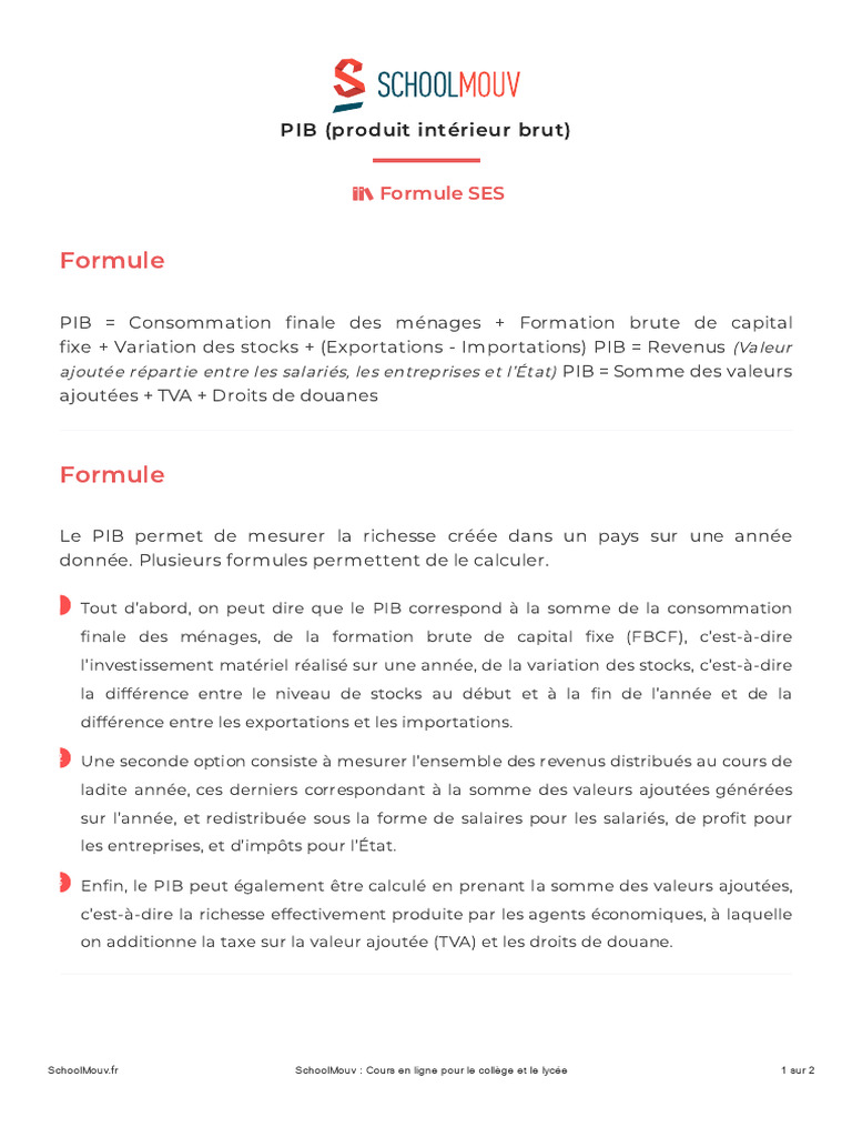 Formules de calcul du PIB | PDF | Produit intérieur brut | Économie