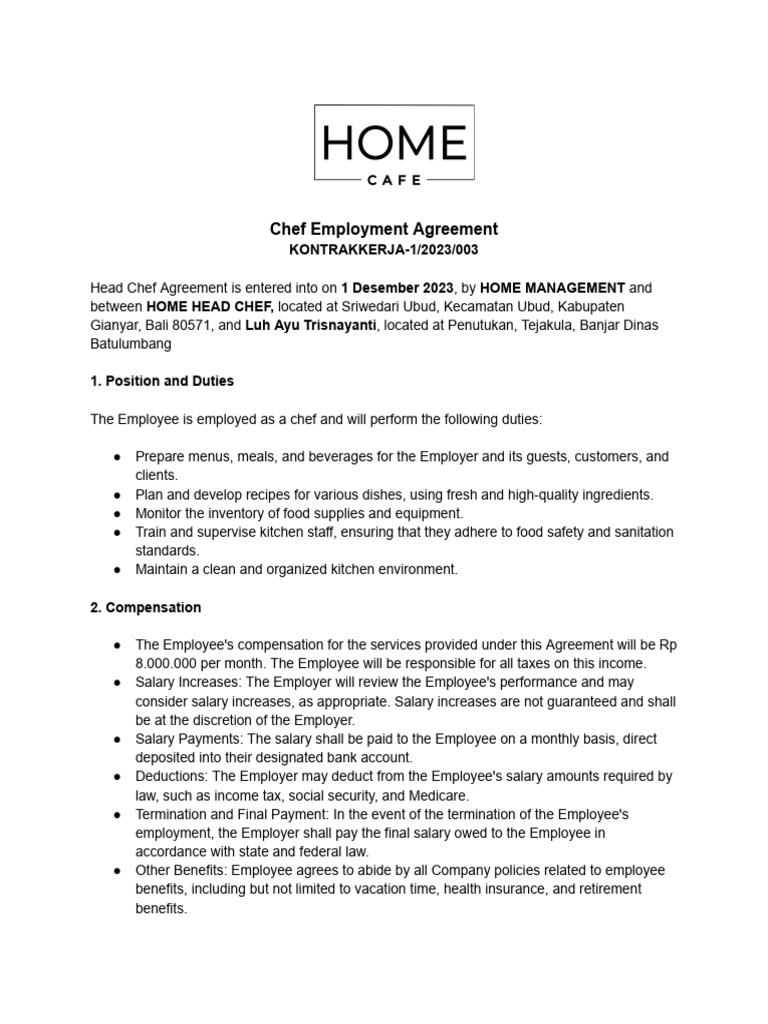 Head Chef Contract PDF Employment Salary