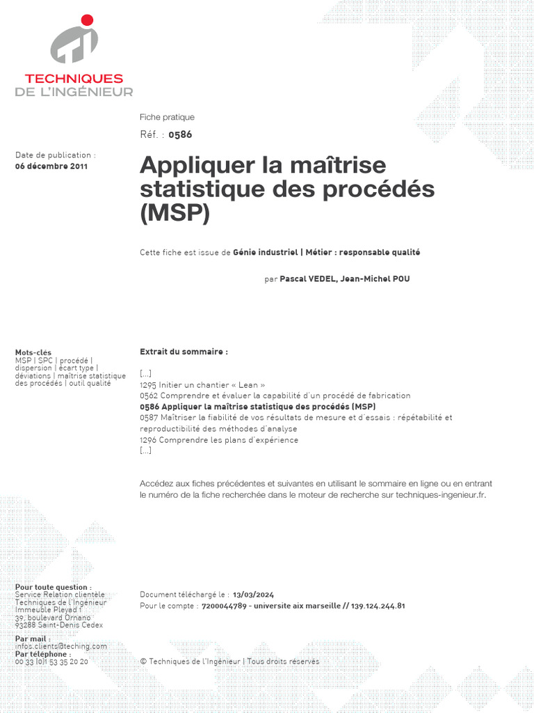 Appliquer la Maîtrise Statistique des Procédés | PDF | Loi de ...