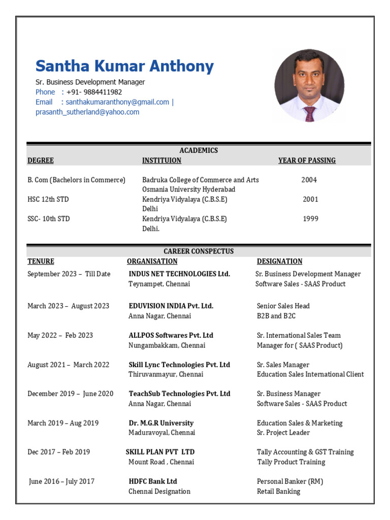 Professional Profile of Santha Kumar Anthony | PDF | Application ...