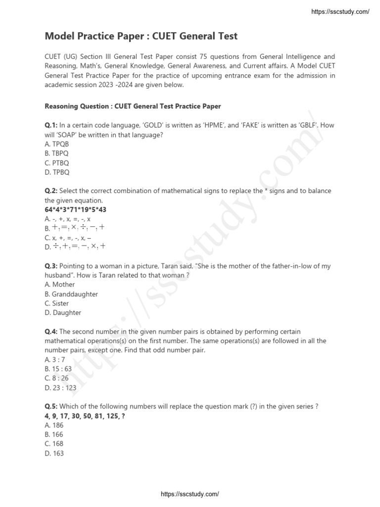 CUET General Test Model Paper | PDF | Speed