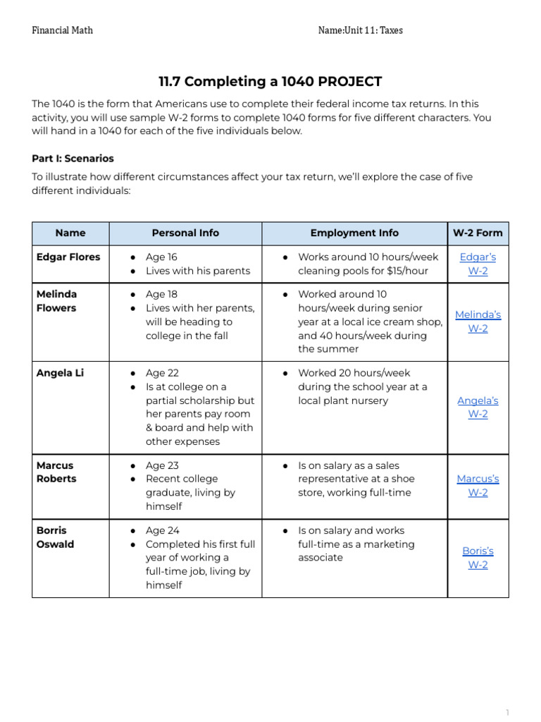 11 7 Completing A 1040 Project Pdf Irs Tax Forms United States Law