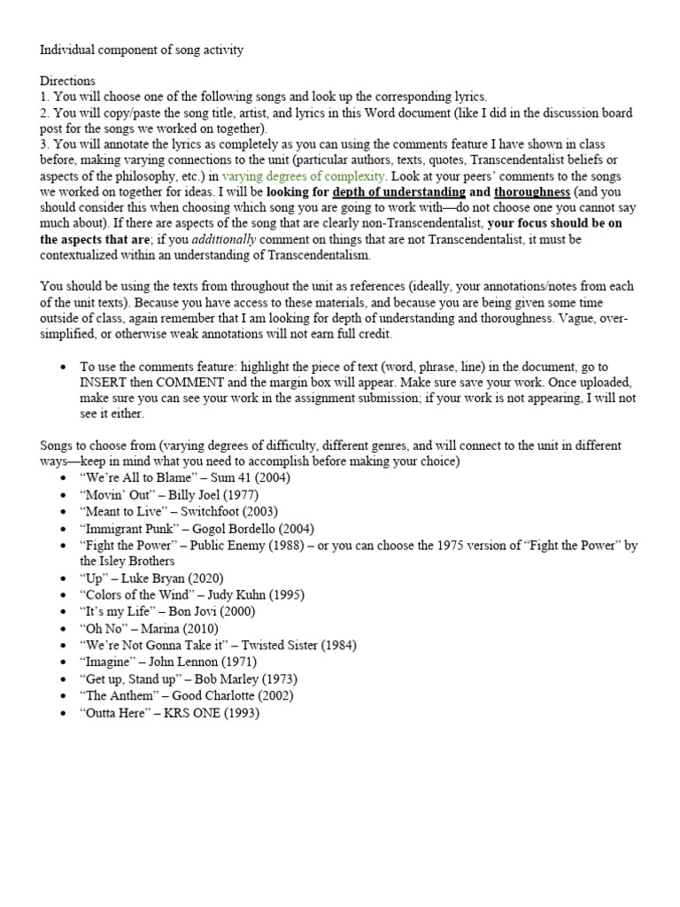 Song Activity Individual 2023 | PDF | Transcendentalism