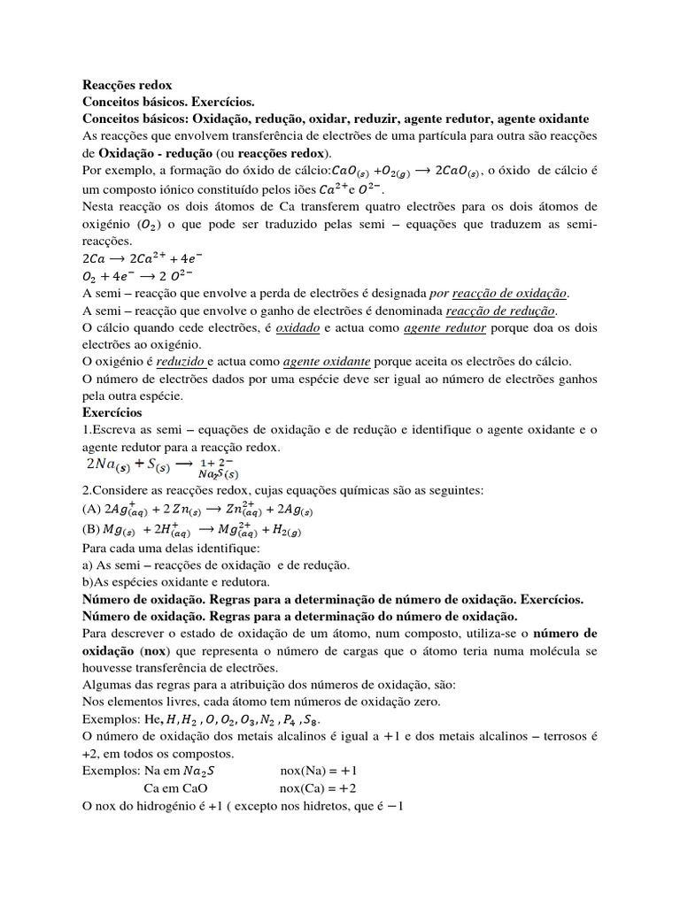 Exercícios de Reações Redox e Nox | PDF | Redox | Reações químicas