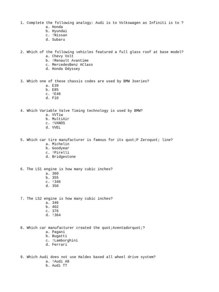 Automotive and Trivia Quiz Questions | PDF | Audi | Motor Vehicle