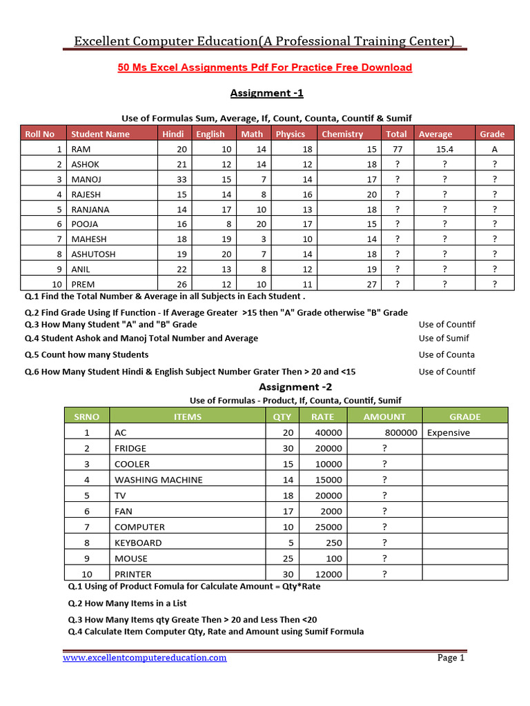 Excel Assignments For Practice Pdf