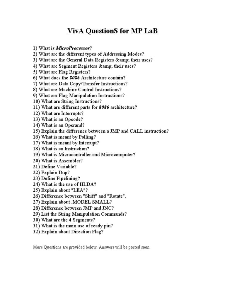 VivA QuestionS MP Subroutine Instruction Set