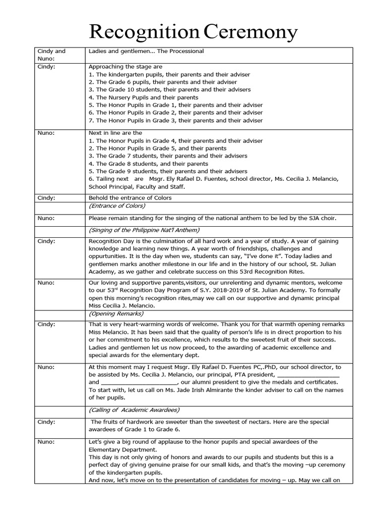 Recognition Ceremony 2018 Script | PDF | Career & Growth