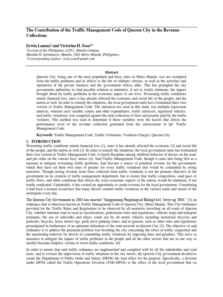 The Contribution of The Traffic Management Code of Quezon City in The