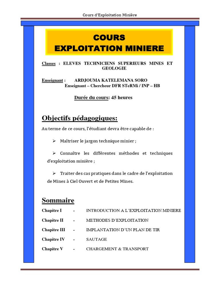 Cours d'Exploitation Minière : Techniques et Méthodes | PDF ...