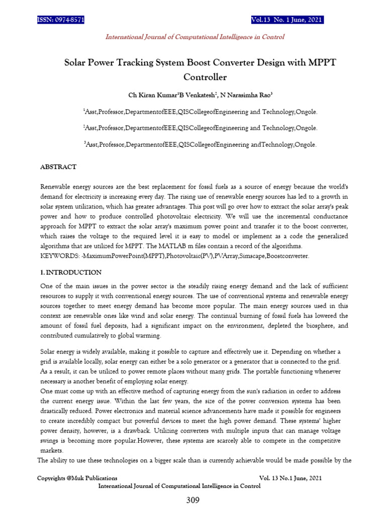 Solar Power Tracking System Boost Converter Design With MPPT Controller ...