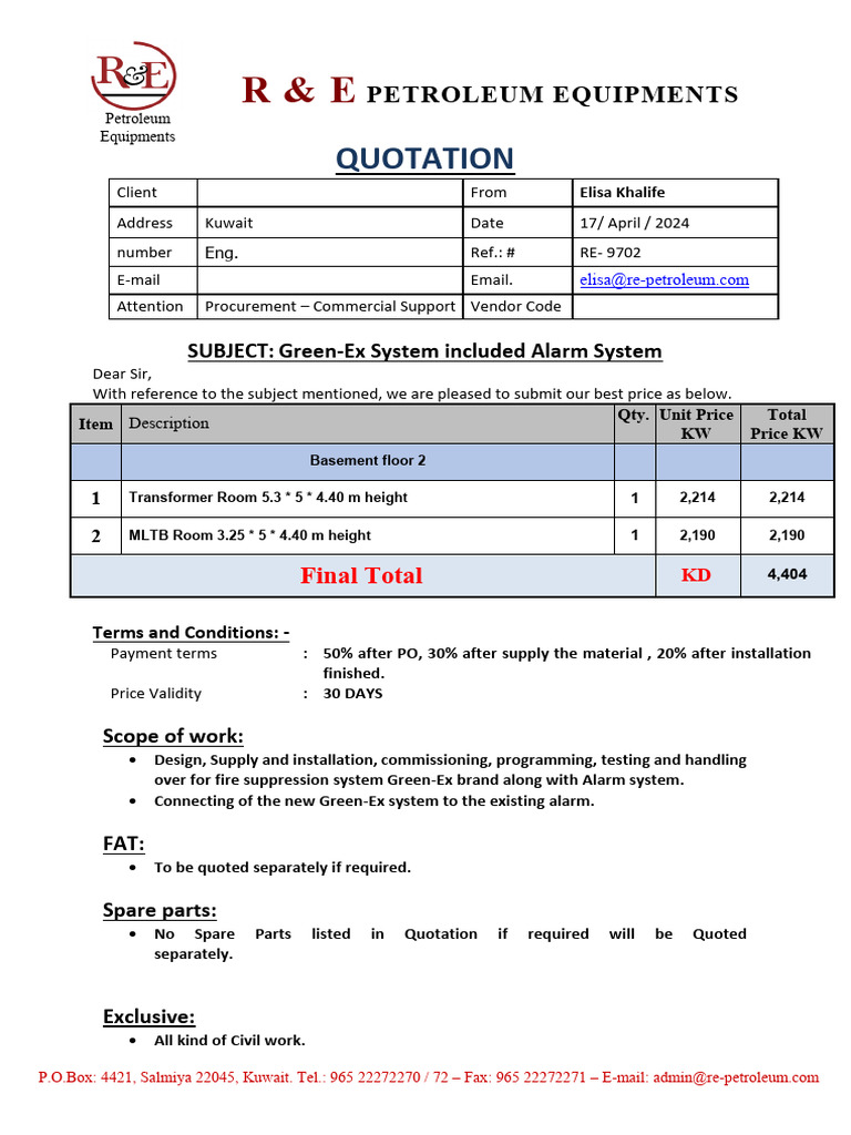 Green-Ex Fire Suppression Quotation | PDF | Technology & Engineering