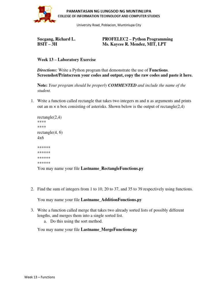 Python Functions Lab Exercise | PDF | Software Engineering | Computer ...