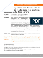 La Violencia Política y La Destrucción de La Memoria Histórica: Los Archivos Perdidos de La Clase Obrera