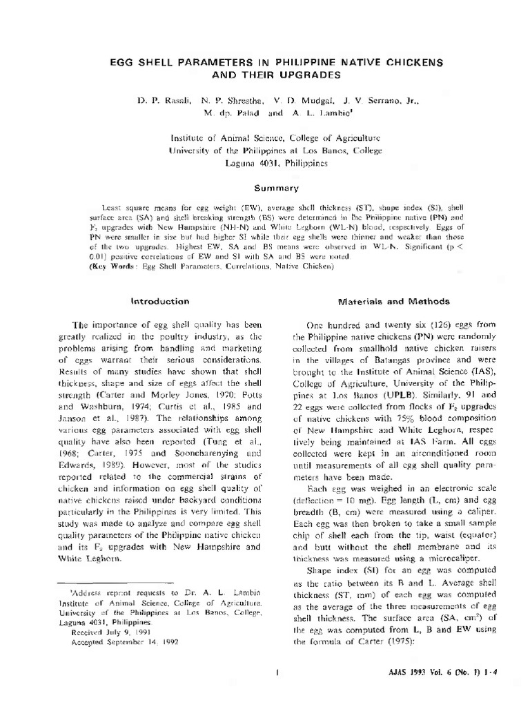 Egg Shell Parameters in Philippine Native Chickens and Their Upgrades | PDF