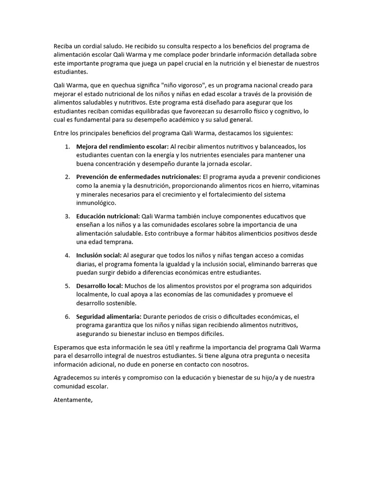 Beneficios de Qali Warma | PDF | Nutrición | Dieta y nutrición