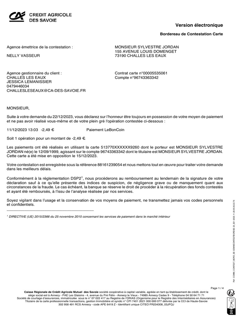 Bordereau de Contestation Carte | PDF | Banques | Crédit