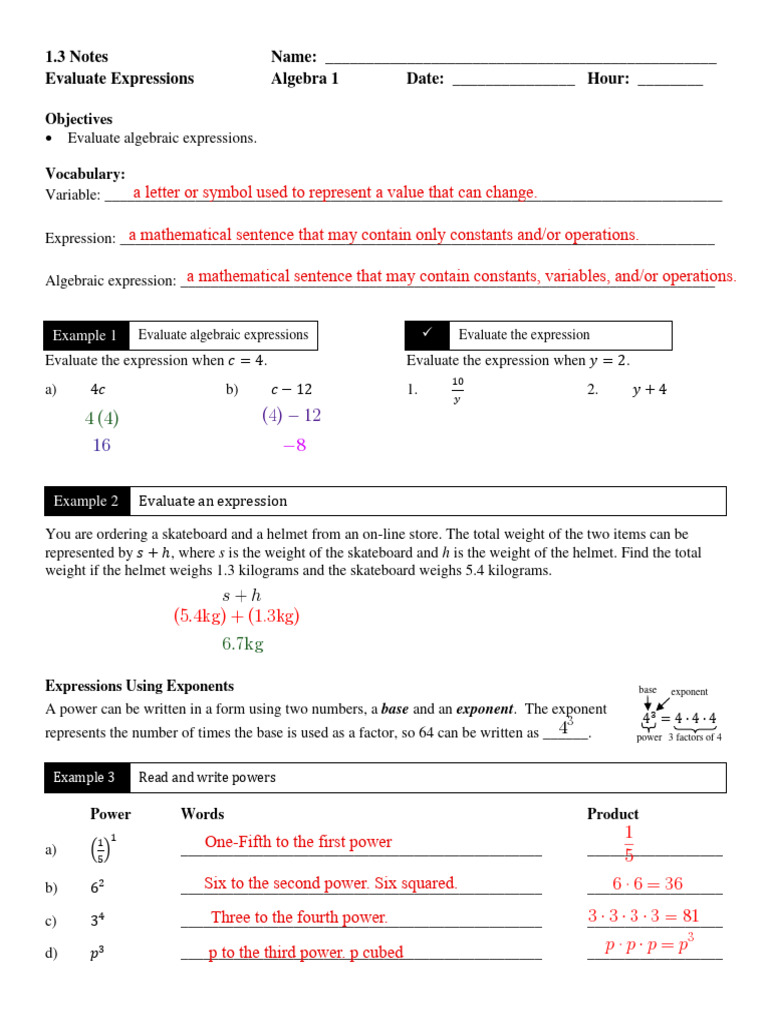 Evaluate Algebraic Expressions Guide | PDF | Exponentiation | Formula