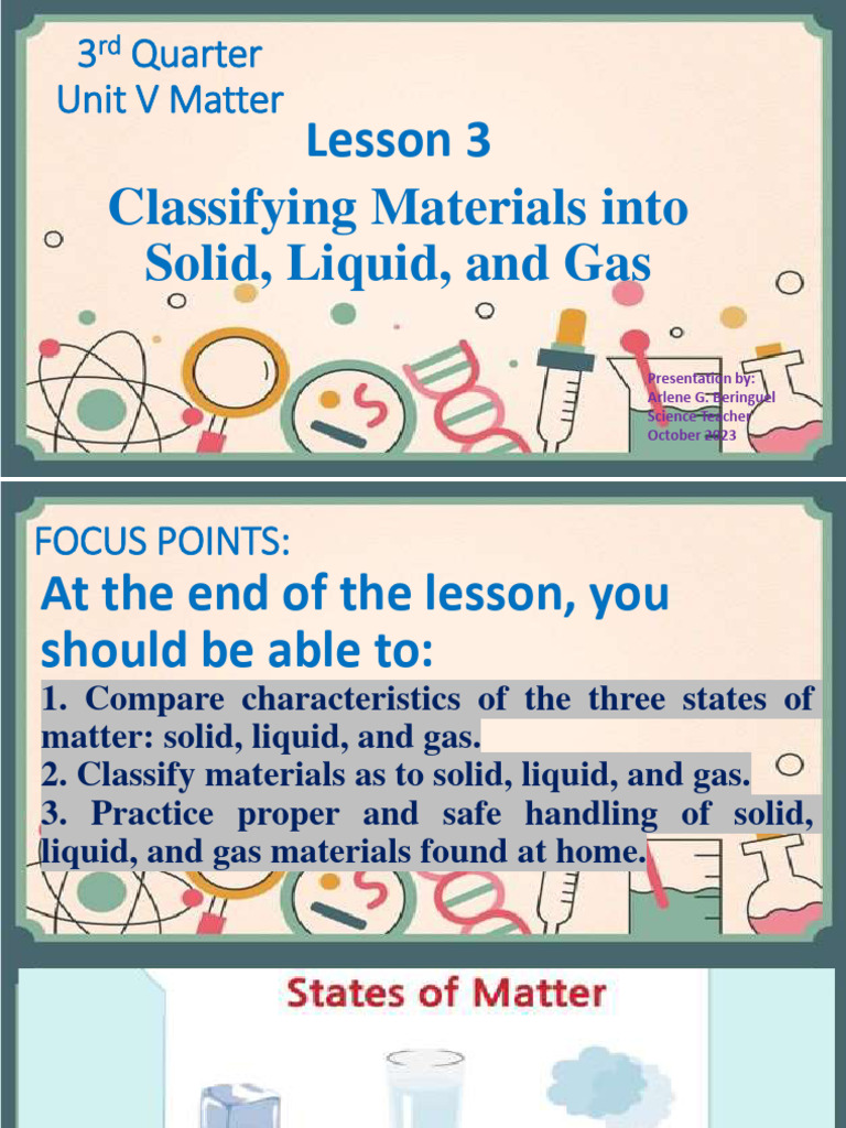 Grade 1 3rd Quarter Unit 5 Lesson 3 Classifying Materials into Solid