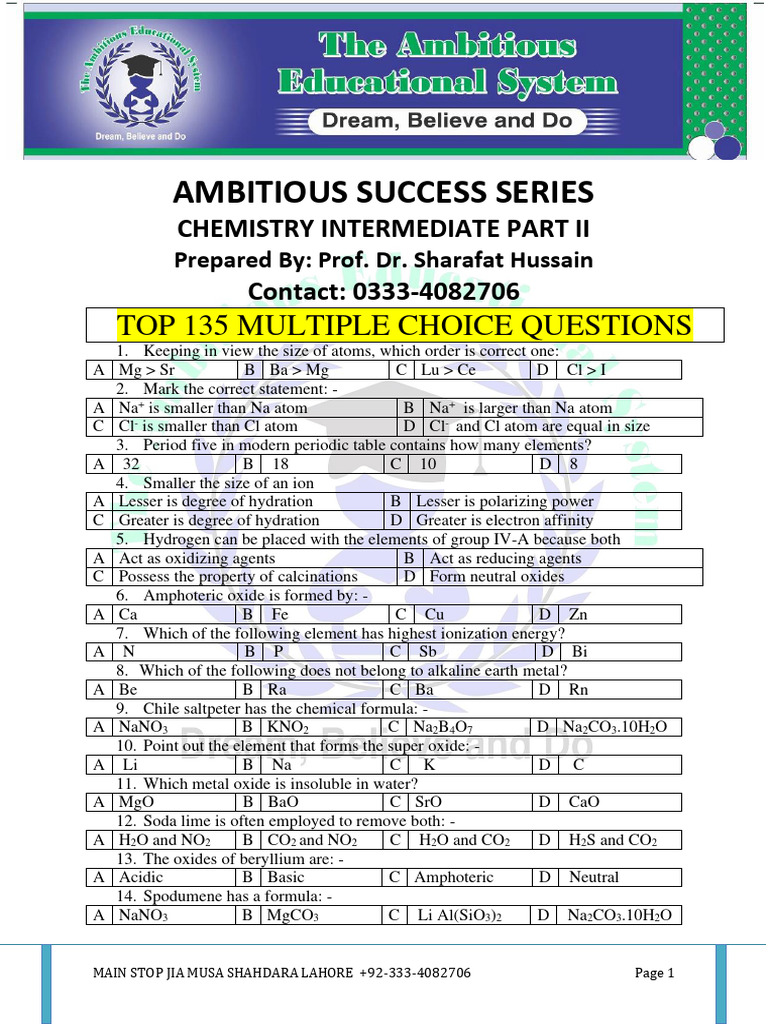 Top 135 Chemistry MCQs for Intermediate | PDF | Aldehyde | Benzene