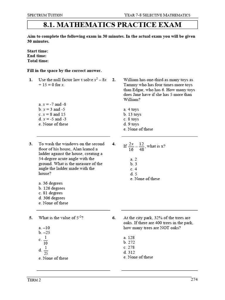 Year 7-8 Selective Math Exam Practice | PDF | Mathematics