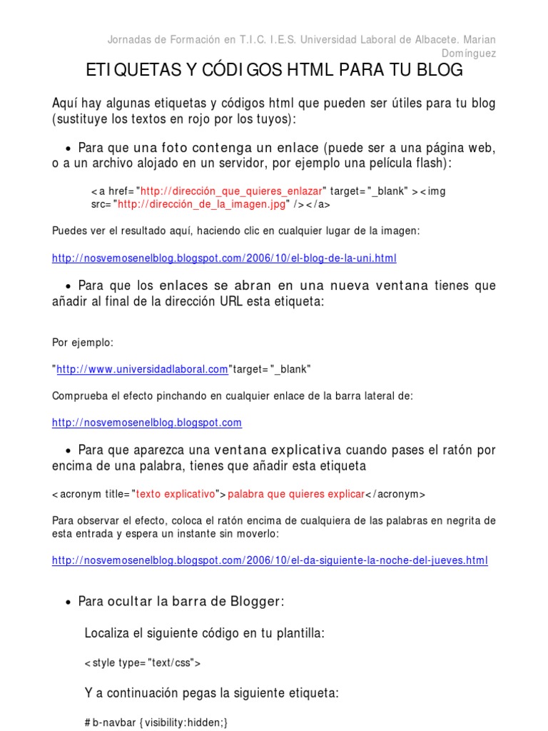 HTML, Etiquetas y Códigos en Blogger | PDF | Blog | HTML
