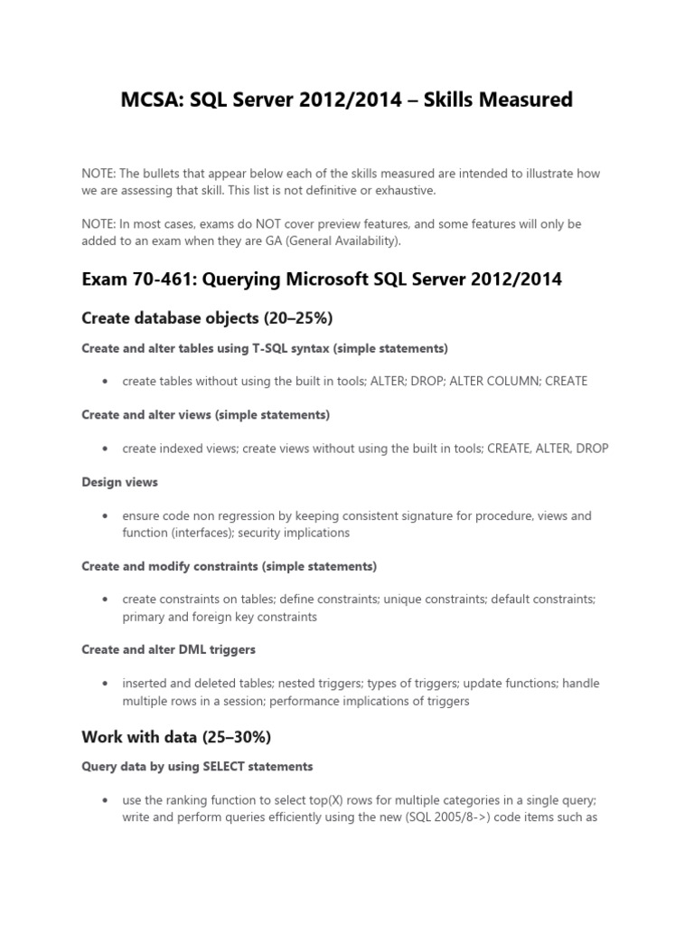 Mcsa SQL Server 2012 2014 Skills Measured | PDF | Relational Database ...