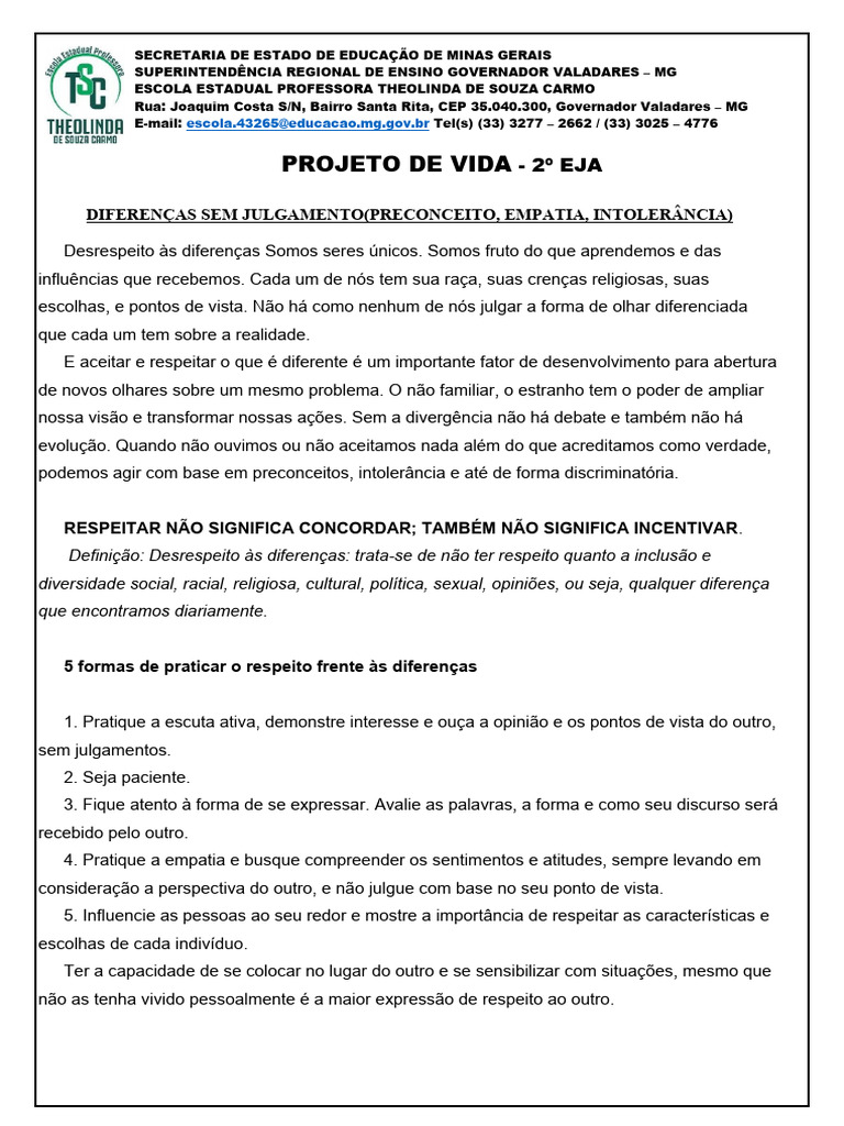 31-03 - Projeto de Vida 2º Eja | PDF | Empatia | Educação para adultos