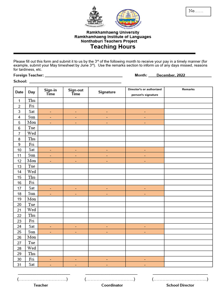 December Teaching Timesheet Form | PDF