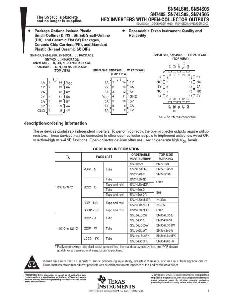 Circuits Intégrés SN74LS05N TI - Lot De 2 Pièces - Neuf En Emballage
