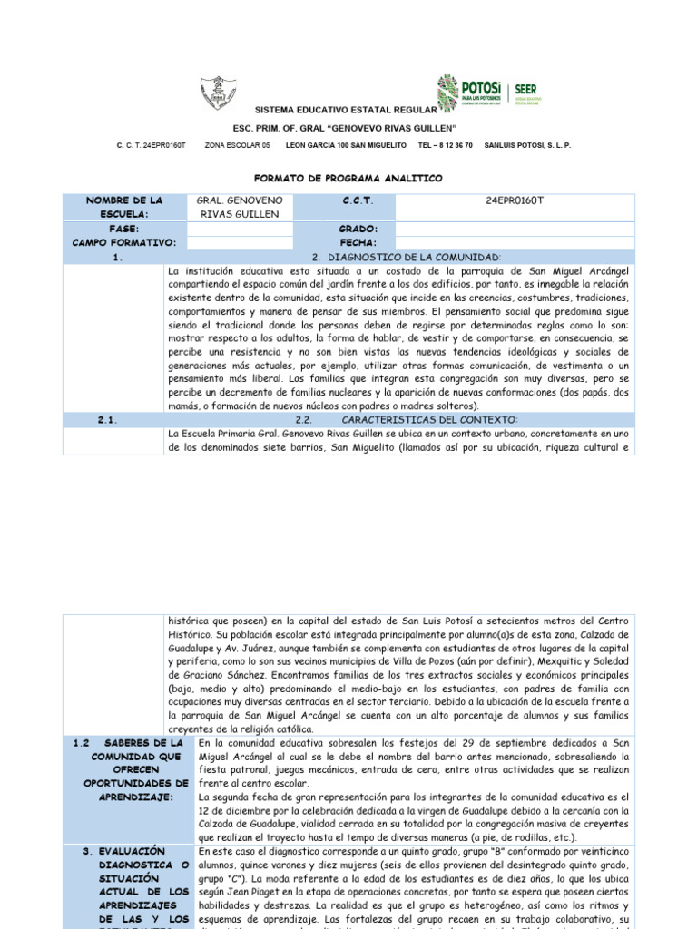Programa Analítico 2024 Fase 4 | PDF | Multiplicación | Aprendizaje