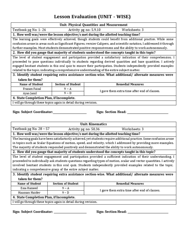 9 Lesson Evaluation CH 1 To 9-Waheed SB | PDF | Force | Heat