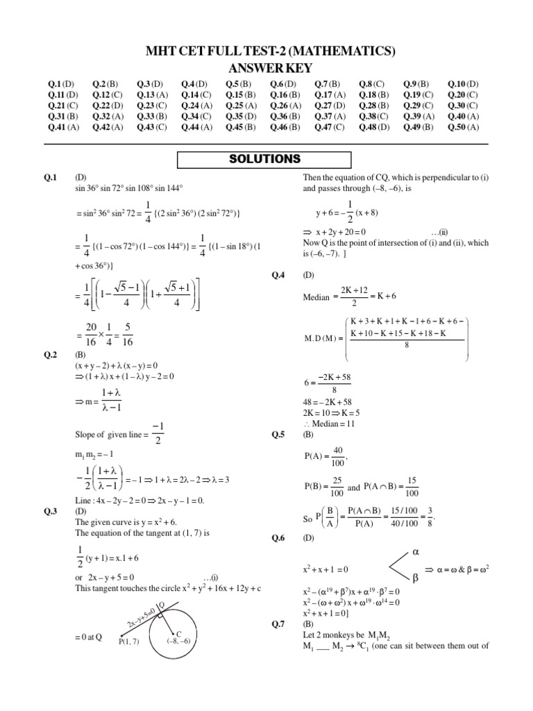 MHT CET Math Mock Test Solutions | PDF | Classical Geometry ...