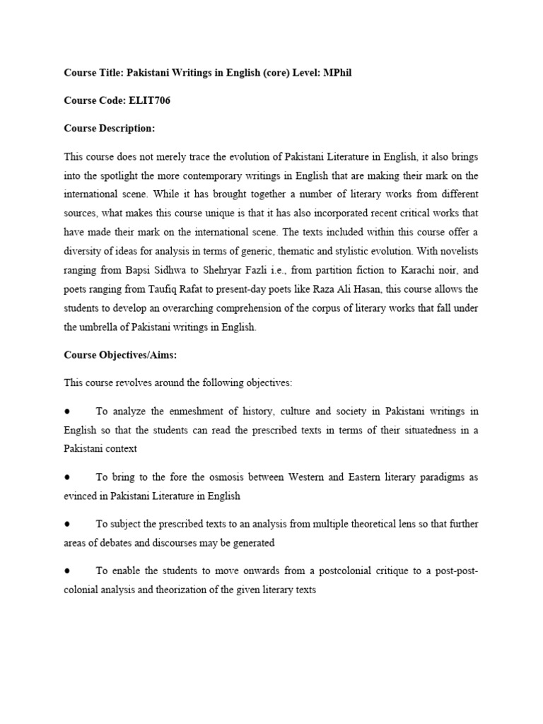 Pakistani Literature in English Course | PDF | Pakistan | Postcolonialism