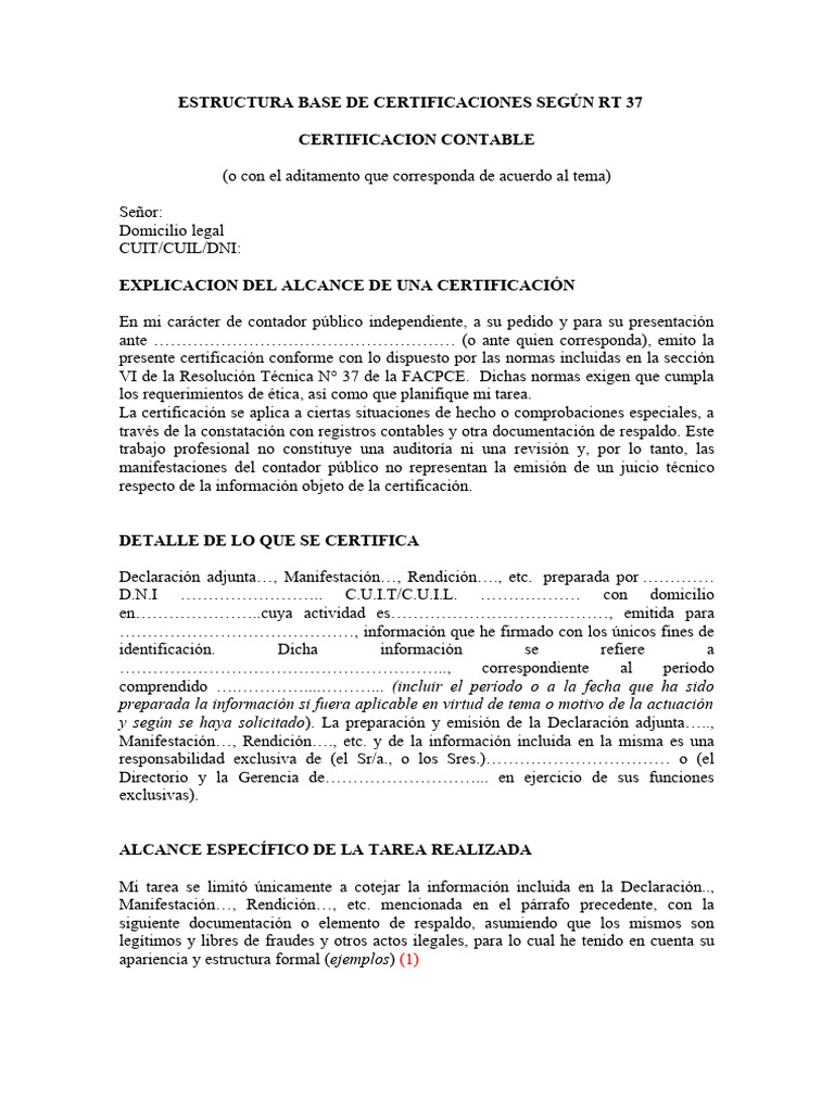 Estructura Base de Certificaciones Según RT 37 | PDF | Contador