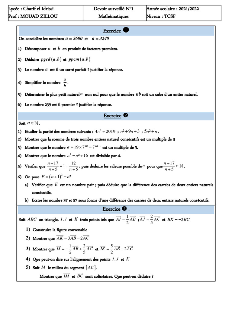 Devoir de Mathématiques TCSF 2021/2022 | PDF | Concepts mathématiques ...