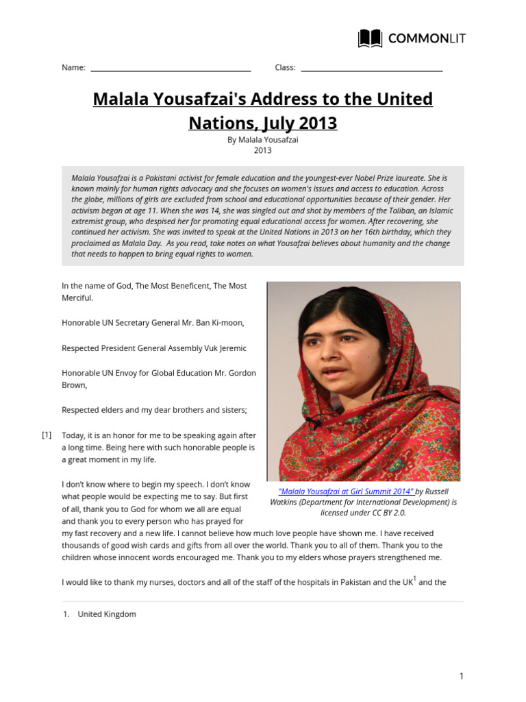 Malala Yousafzai's UN Speech on Education PDF Malala Yousafzai
