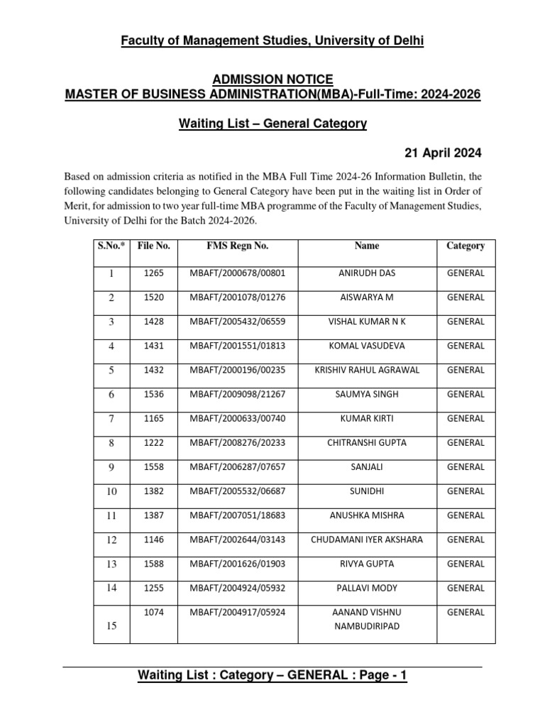 FMS Delhi MBA 2024 General Waitlist | PDF