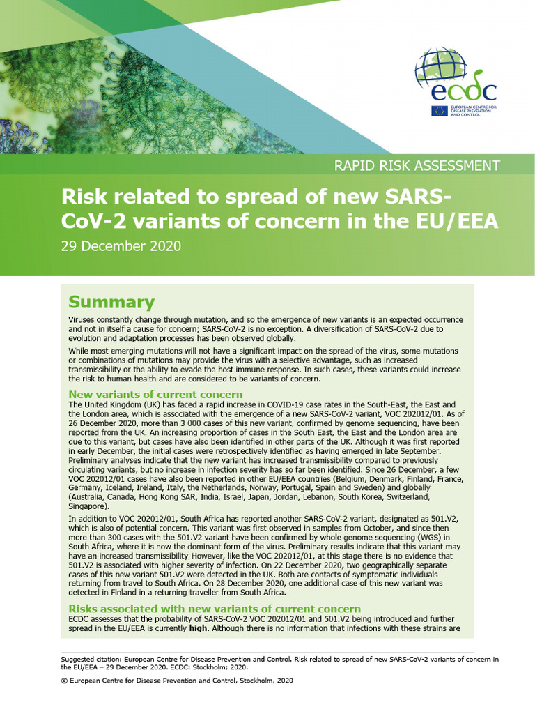 COVID 19 Risk Related To Spread of New SARS CoV 2 Variants EU EEA | PDF ...