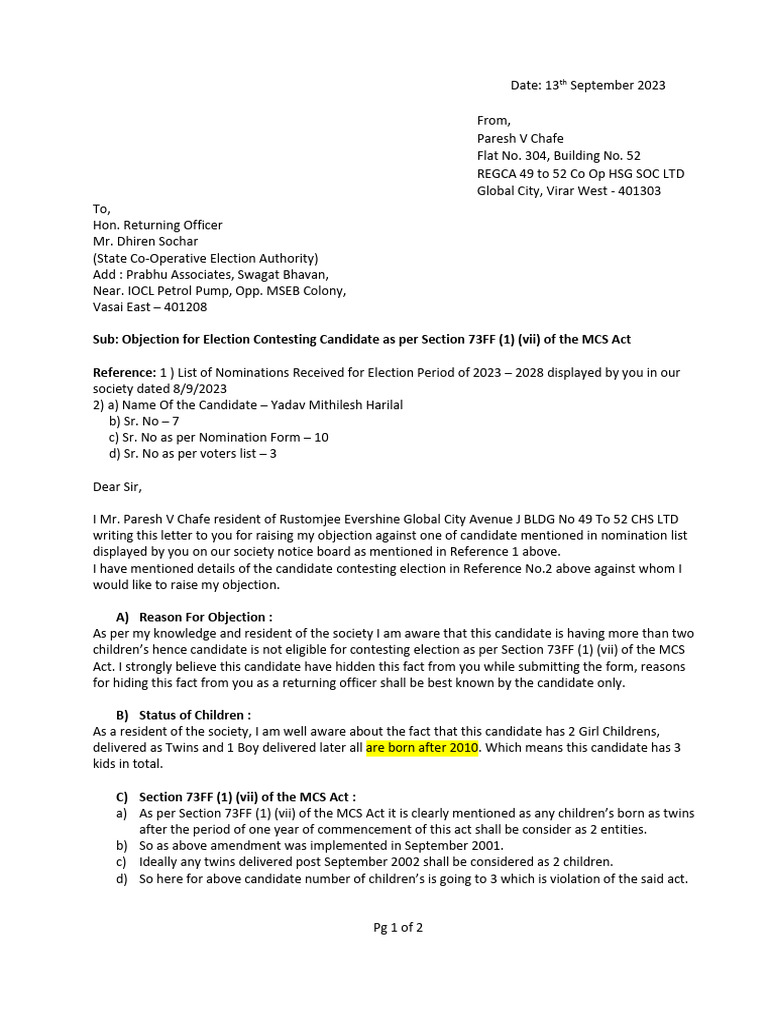 Objection to Election Candidate Nomination | PDF | Government | Justice