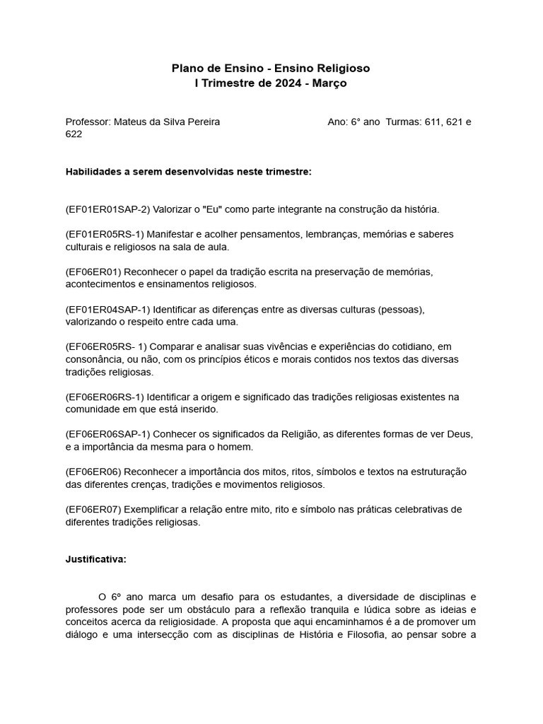 Plano de Aula: Ensino Religioso 6º Ano | PDF | Pensamento