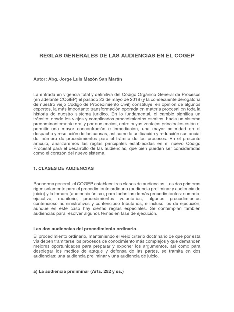 Reglas de Audiencias en el COGEP | PDF | Ley procesal | Procedimiento Civil