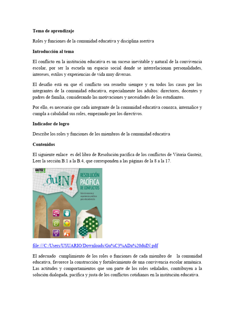 Roles y Funciones de La Comunidad Educativa y Disciplina Asertiva | PDF ...