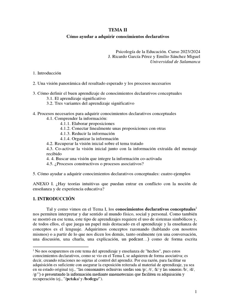 TEMA II Cómo Ayudar A Adquirir Conocimientos Declarativos | PDF