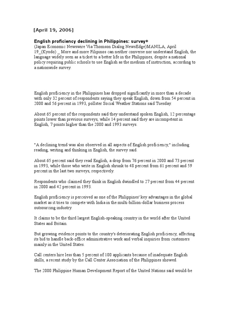 English Proficiency Declining in Philippines April 19 2006 | PDF ...