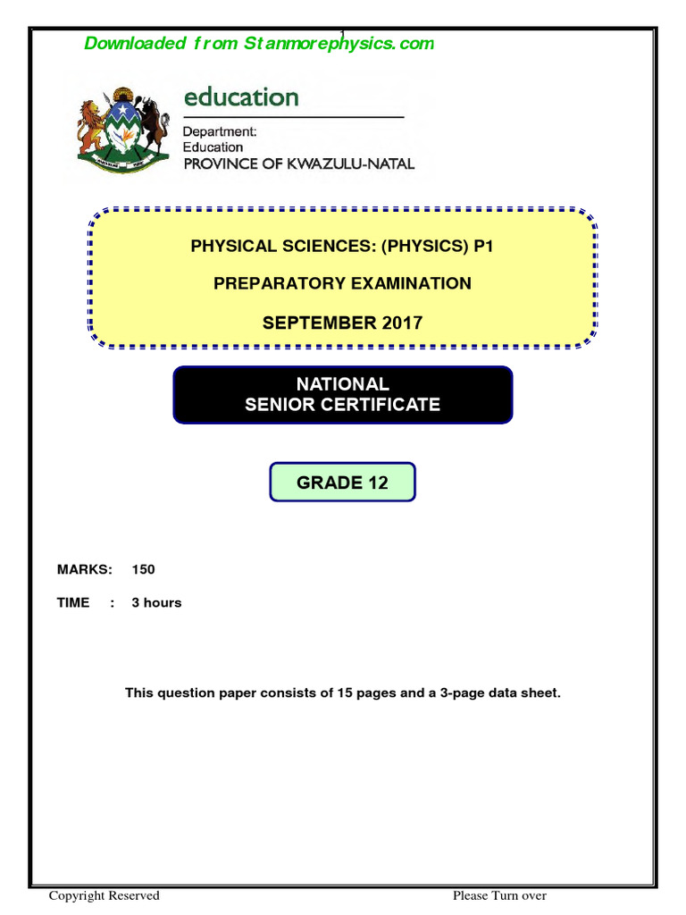Physical Science Grade 12 September 2017 P1 and Memo | PDF | Electric ...