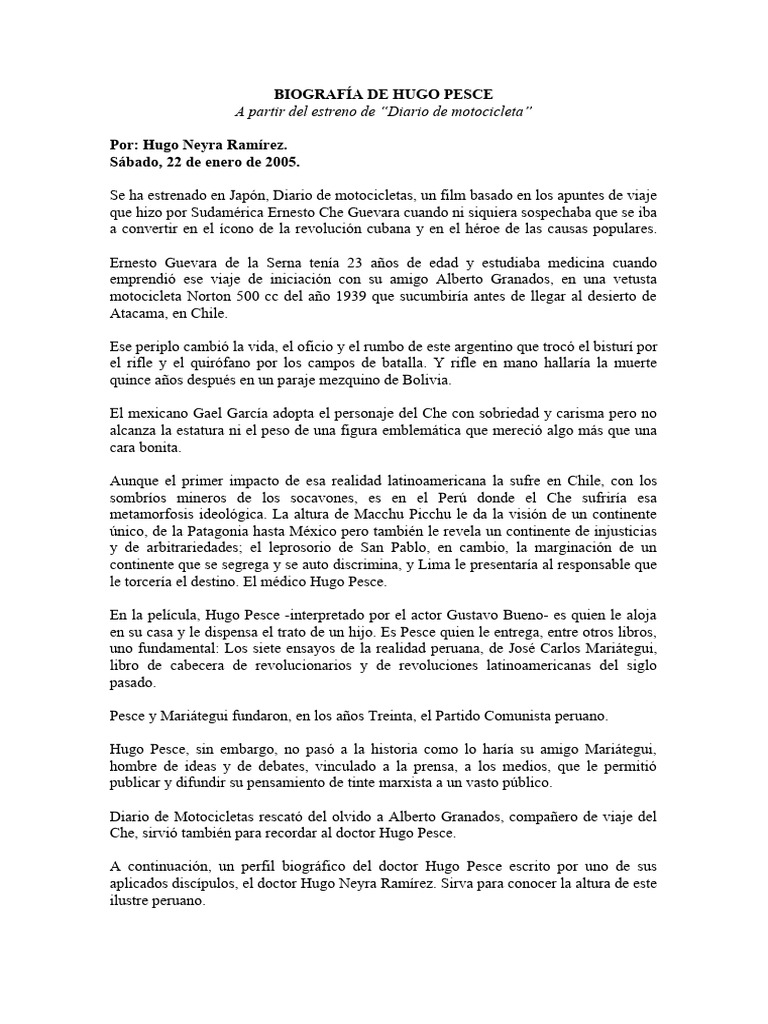 Biografía de Hugo Pesce (Hugo Neyva Ramírez) PDF Che Guevara Perú